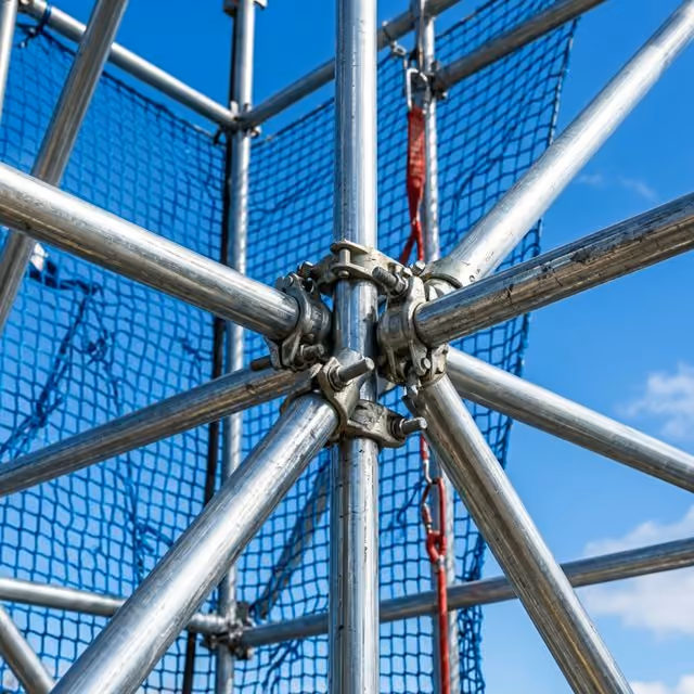 Gerüstkonstruktion im Detail, Rahmen und Diagonalen an einer Hausecke